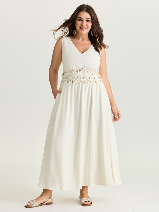 BloomChic Dresses & Skirts - BloomChic Cream V-Neck Maxi Dress with Beaded Waist